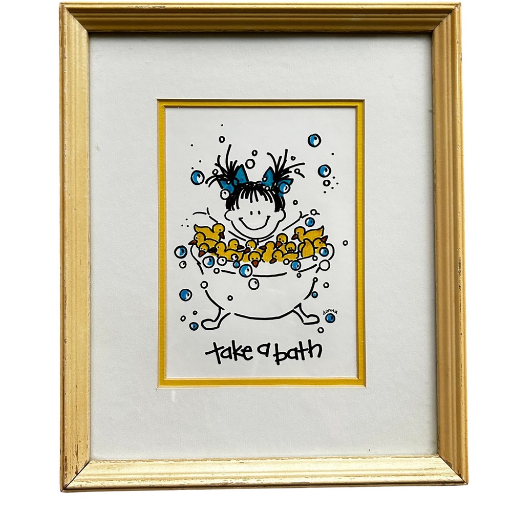 Framed 1990's Donna Klotze Original Art Take A Bath Girl Rubber Ducks Whimsical